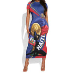 Personalized Haiti Football Champions Short Sleeve Bodycon Dress National Pride Gold Trophy