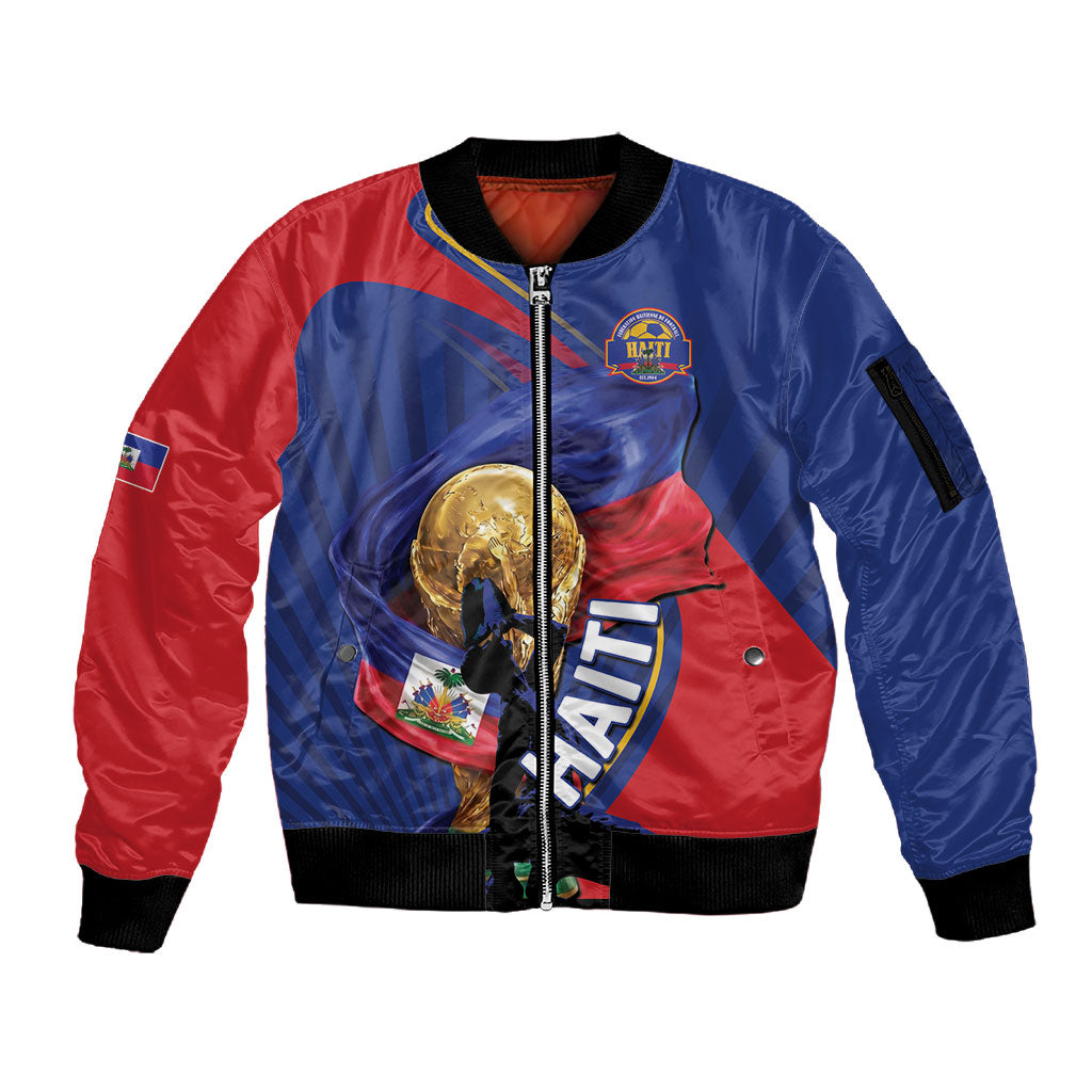 Personalized Haiti Football Champions Sleeve Zip Bomber Jacket National Pride Gold Trophy