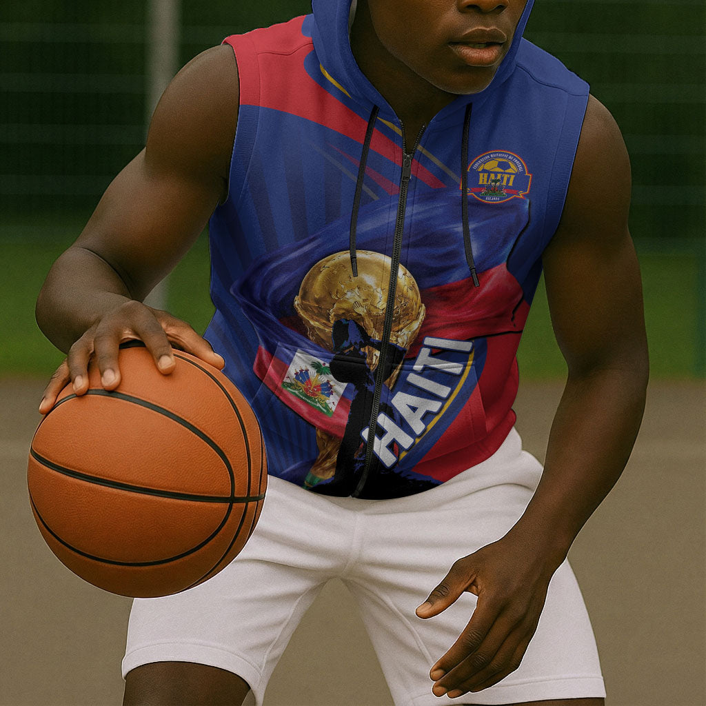 Personalized Haiti Football Champions Sleeveless Zip Hoodie National Pride Gold Trophy