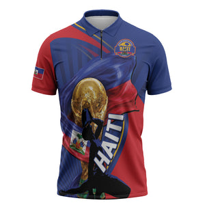 Personalized Haiti Football Champions Zipper Polo Shirt National Pride Gold Trophy