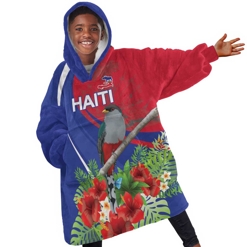 Personalized Afro-Haitians Kid Wearable Blanket Hoodie Hispaniolan Trogon Sporty Style - African Pride