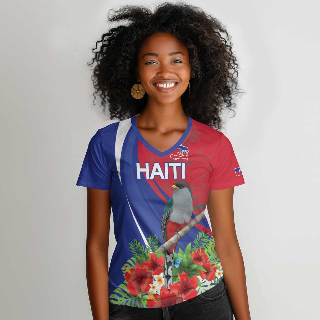 Personalized Afro-Haitians Women V-Neck T-Shirt Hispaniolan Trogon Sporty Style - African Pride