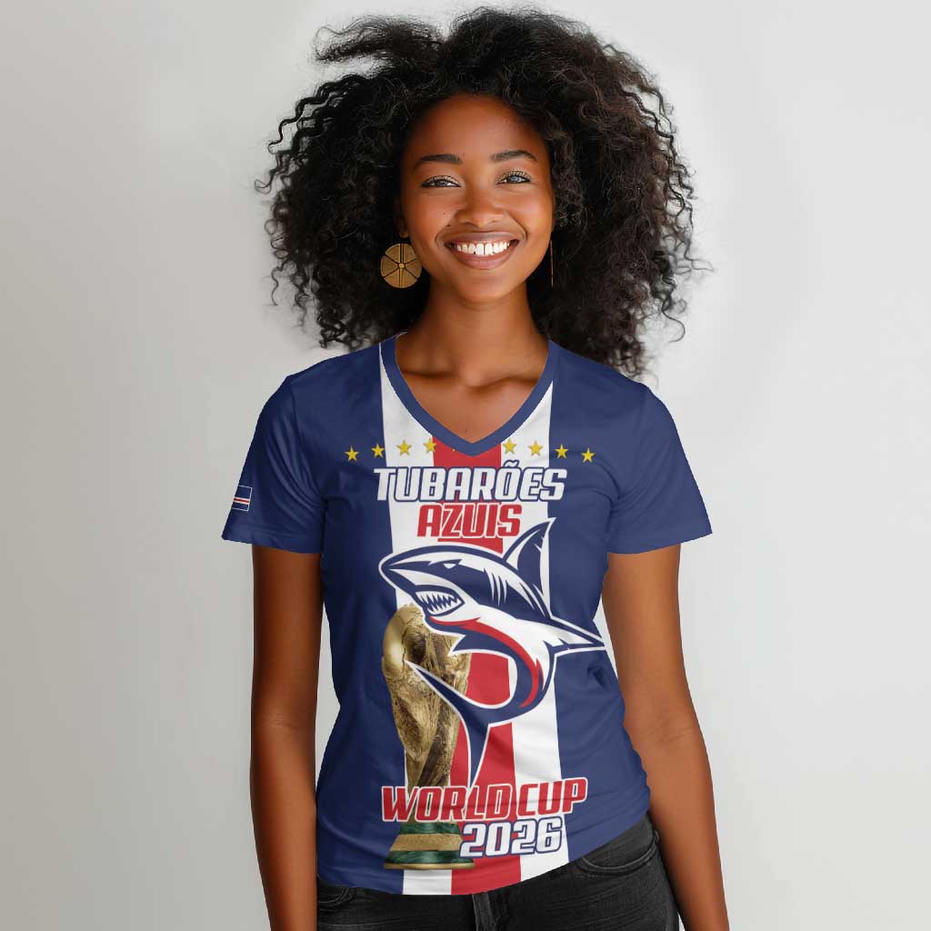 Cape Verde Football 2026 Women V-Neck T-Shirt Tubaroes Azuis Go Champion - African Pride