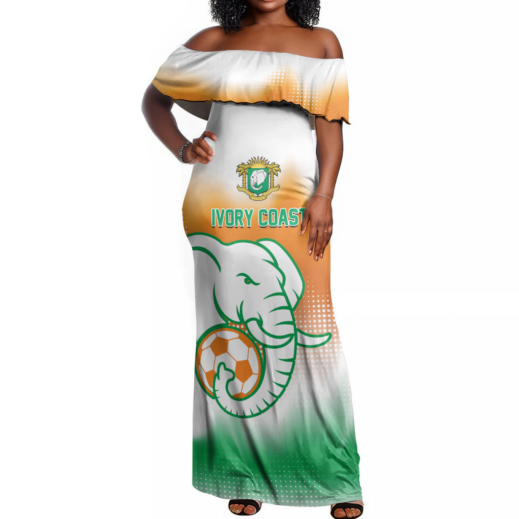 Custom Ivory Coast Football Off Shoulder Maxi Dress Proud Elephant Fan Edition
