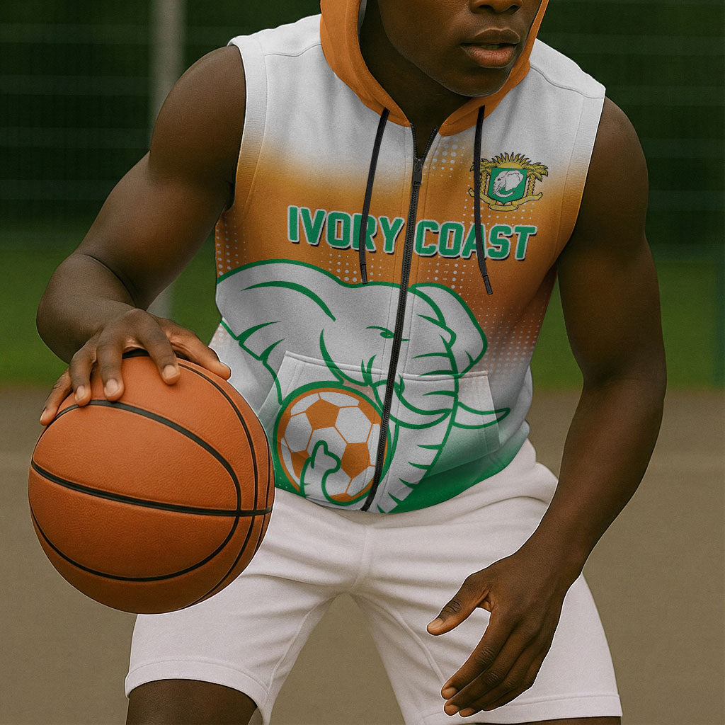 Custom Ivory Coast Football Sleeveless Zip Hoodie Proud Elephant Fan Edition