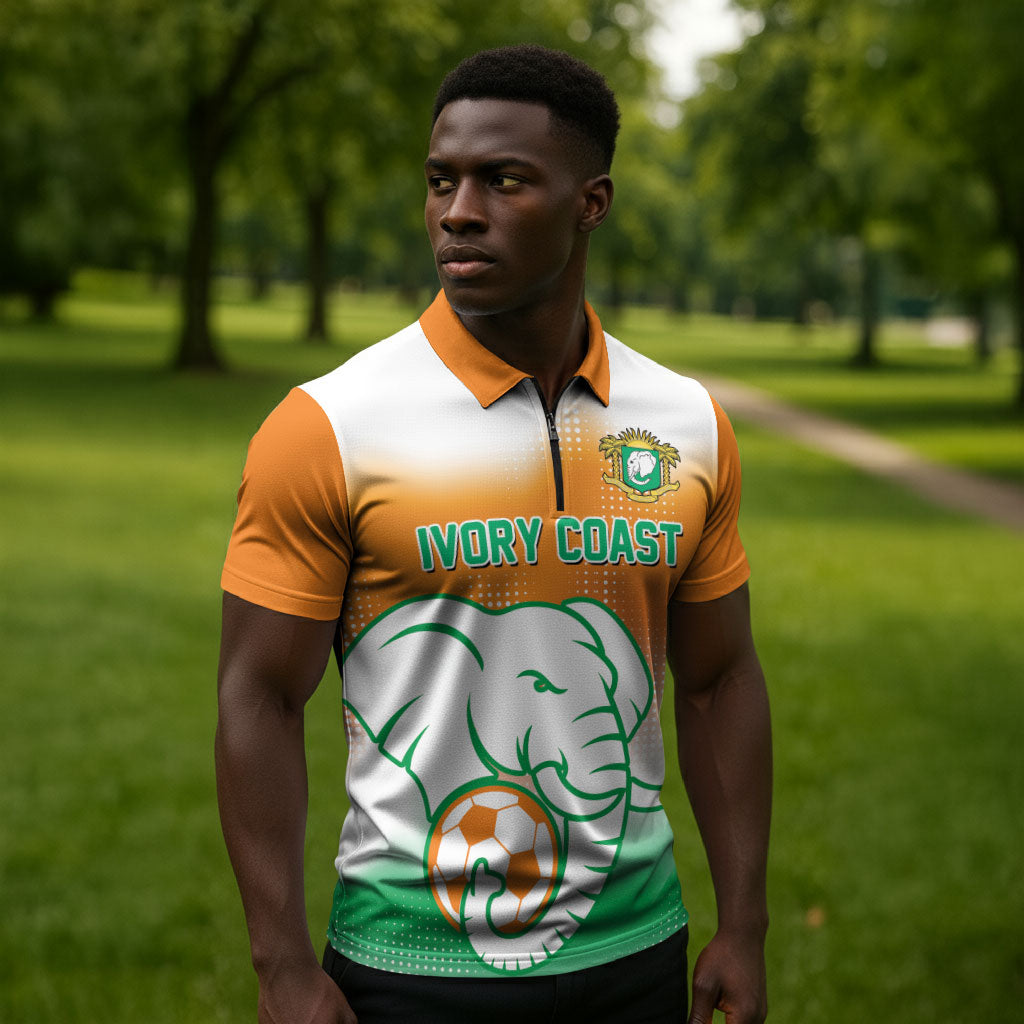 Custom Ivory Coast Football Zipper Polo Shirt Proud Elephant Fan Edition