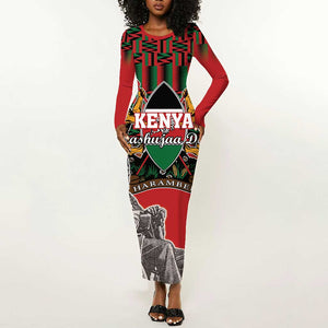 Personalized Afro Kenya Mashujaa Day Long Sleeve Bodycon Dress Mzee Jomo Kenyatta With Coat Of Arms LT18