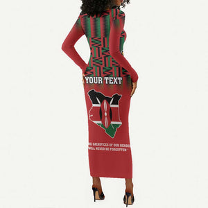 Personalized Afro Kenya Mashujaa Day Long Sleeve Bodycon Dress Mzee Jomo Kenyatta With Coat Of Arms LT18