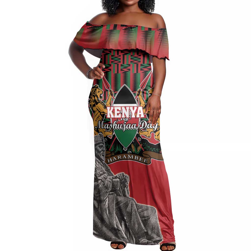 Personalized Afro Kenya Mashujaa Day Off Shoulder Maxi Dress Mzee Jomo Kenyatta With Coat Of Arms