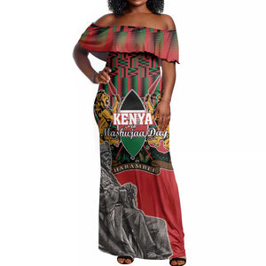 Personalized Afro Kenya Mashujaa Day Off Shoulder Maxi Dress Mzee Jomo Kenyatta With Coat Of Arms