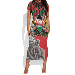 Personalized Afro Kenya Mashujaa Day Short Sleeve Bodycon Dress Mzee Jomo Kenyatta With Coat Of Arms LT18
