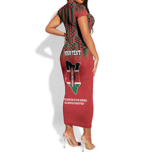 Personalized Afro Kenya Mashujaa Day Short Sleeve Bodycon Dress Mzee Jomo Kenyatta With Coat Of Arms LT18