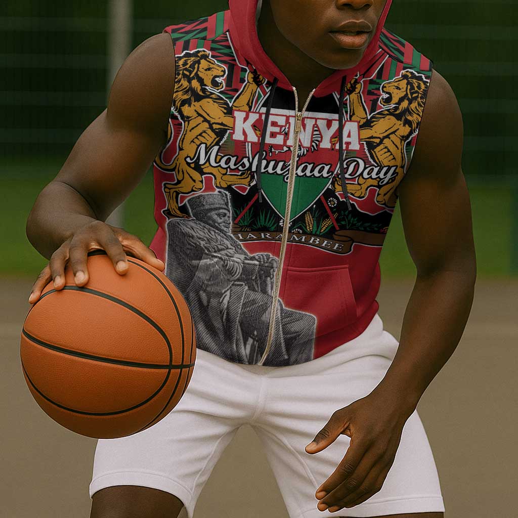 Personalized Afro Kenya Mashujaa Day Sleeveless Zip Hoodie Mzee Jomo Kenyatta With Coat Of Arms - African Pride