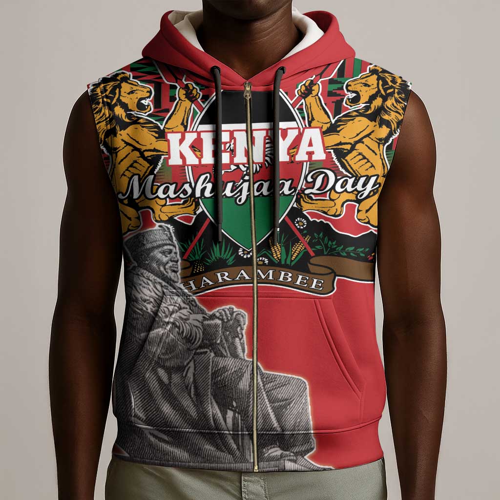 Personalized Afro Kenya Mashujaa Day Sleeveless Zip Hoodie Mzee Jomo Kenyatta With Coat Of Arms - African Pride