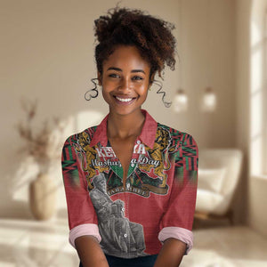 Personalized Afro Kenya Mashujaa Day Women Casual Shirt Mzee Jomo Kenyatta With Coat Of Arms LT18