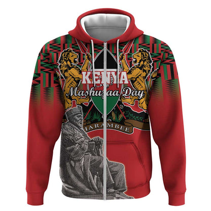 Personalized Afro Kenya Mashujaa Day Zip Hoodie Mzee Jomo Kenyatta With Coat Of Arms