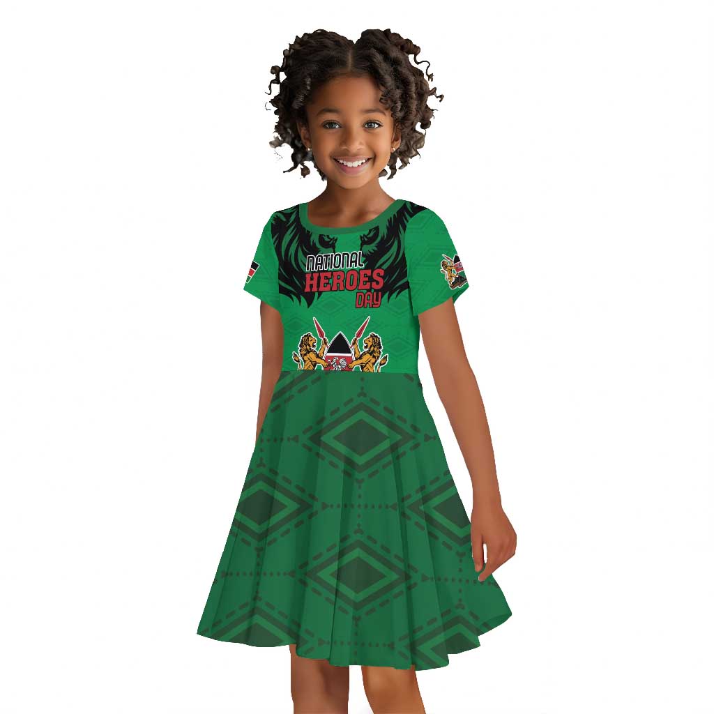 Afro Kenya National Heroes Day Kid Short Sleeve Dress Mashujaa With Lion Head And Coat Of Arms