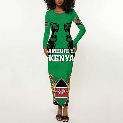 Afro Kenya National Heroes Day Long Sleeve Bodycon Dress Mashujaa With Lion Head And Coat Of Arms LT18
