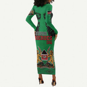 Afro Kenya National Heroes Day Long Sleeve Bodycon Dress Mashujaa With Lion Head And Coat Of Arms LT18