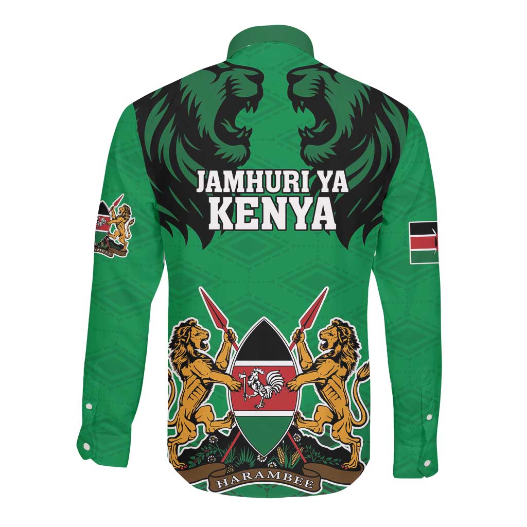 Afro Kenya National Heroes Day Long Sleeve Button Shirt Mashujaa With Lion Head And Coat Of Arms