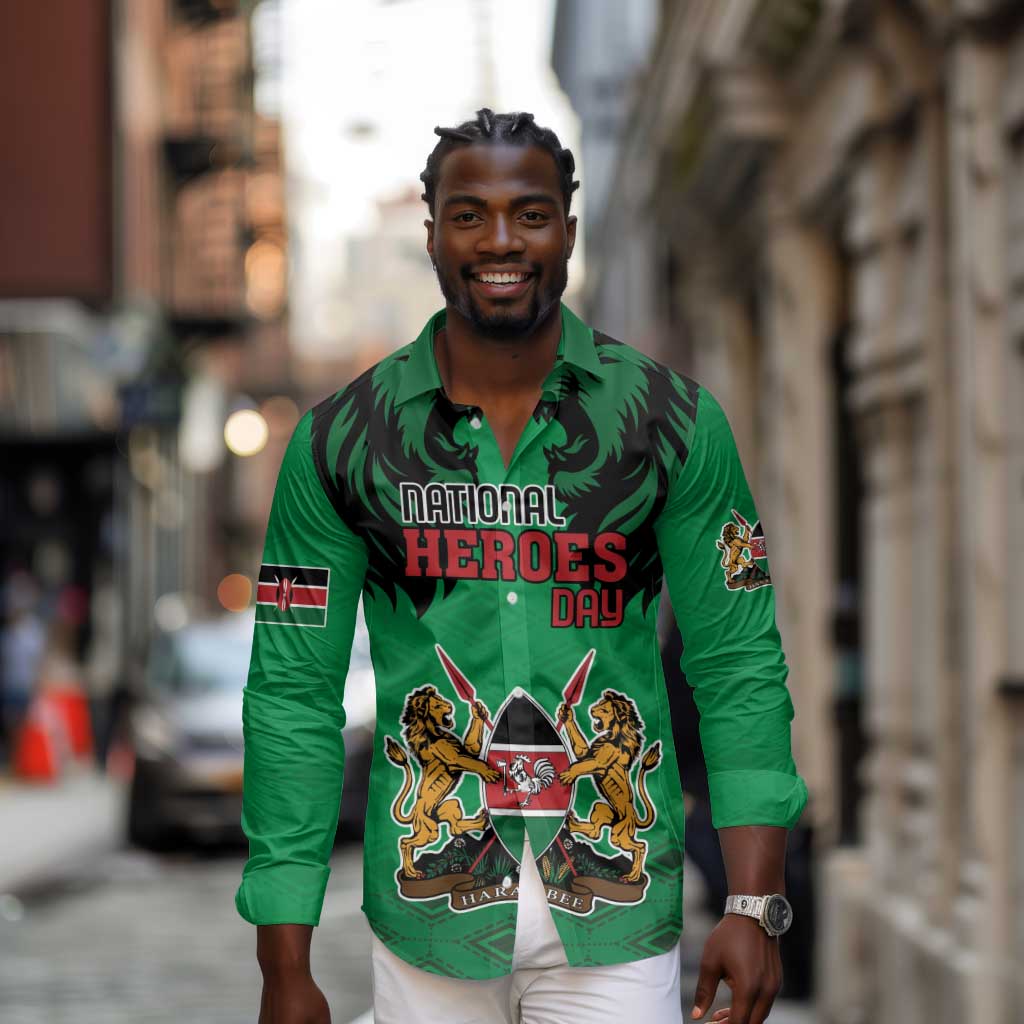 Afro Kenya National Heroes Day Long Sleeve Button Shirt Mashujaa With Lion Head And Coat Of Arms