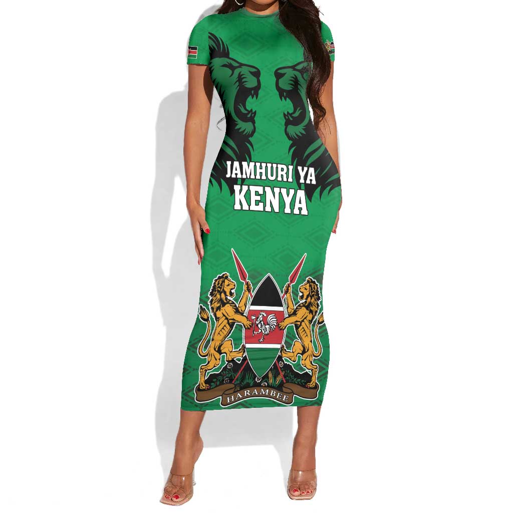 Afro Kenya National Heroes Day Short Sleeve Bodycon Dress Mashujaa With Lion Head And Coat Of Arms LT18