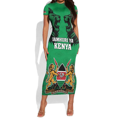 Afro Kenya National Heroes Day Short Sleeve Bodycon Dress Mashujaa With Lion Head And Coat Of Arms LT18