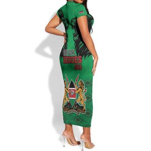 Afro Kenya National Heroes Day Short Sleeve Bodycon Dress Mashujaa With Lion Head And Coat Of Arms LT18