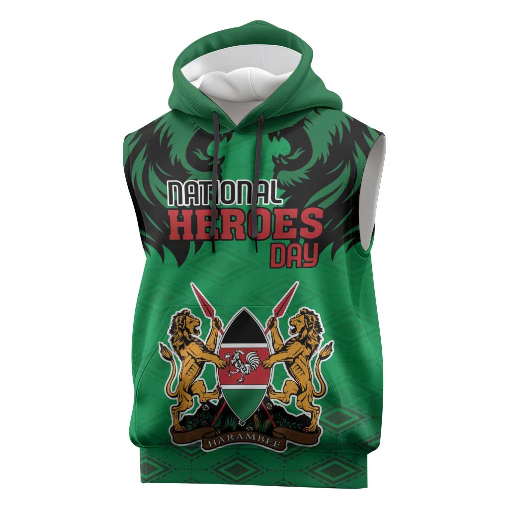 Afro Kenya National Heroes Day Sleeveless Hoodie Mashujaa With Lion Head And Coat Of Arms - African Pride