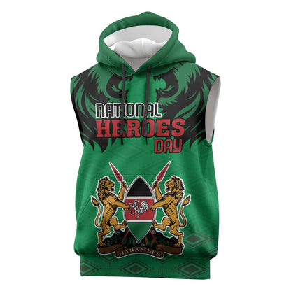 Afro Kenya National Heroes Day Sleeveless Hoodie Mashujaa With Lion Head And Coat Of Arms - African Pride