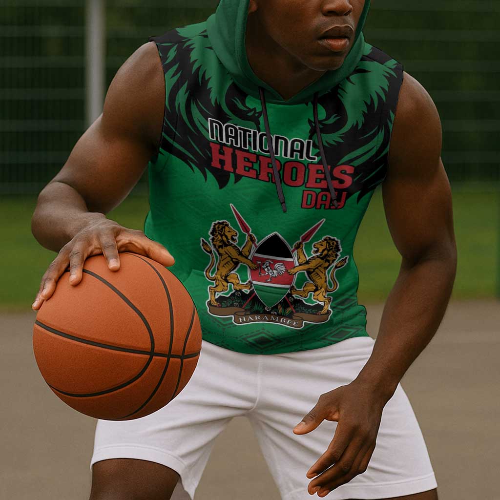 Afro Kenya National Heroes Day Sleeveless Hoodie Mashujaa With Lion Head And Coat Of Arms - African Pride