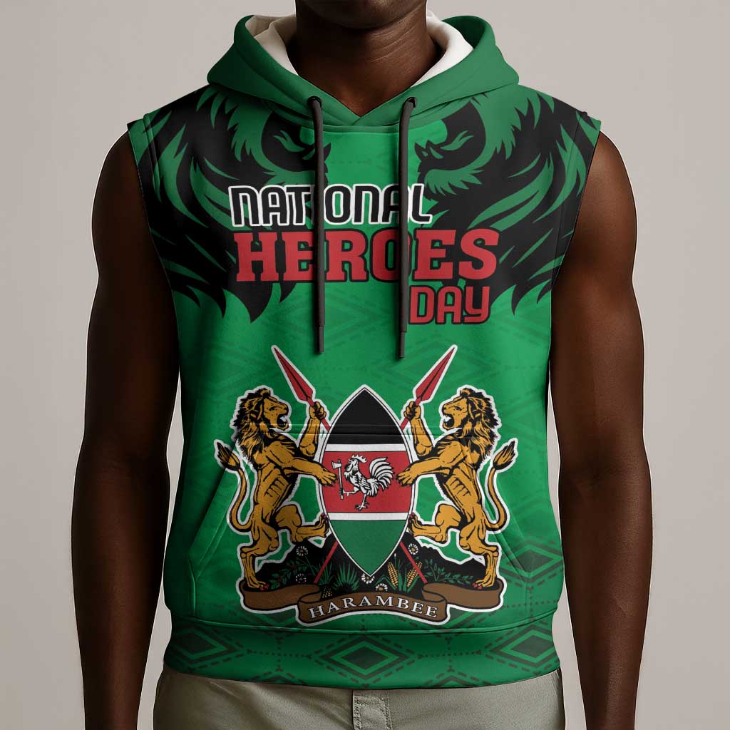 Afro Kenya National Heroes Day Sleeveless Hoodie Mashujaa With Lion Head And Coat Of Arms - African Pride