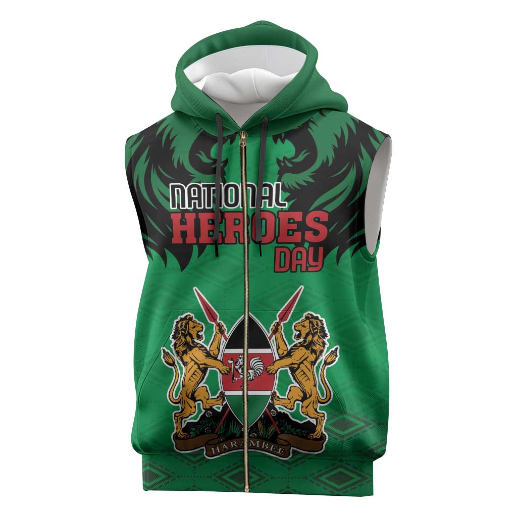 Afro Kenya National Heroes Day Sleeveless Zip Hoodie Mashujaa With Lion Head And Coat Of Arms - African Pride