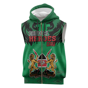 Afro Kenya National Heroes Day Sleeveless Zip Hoodie Mashujaa With Lion Head And Coat Of Arms - African Pride