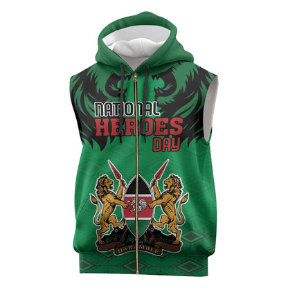 Afro Kenya National Heroes Day Sleeveless Zip Hoodie Mashujaa With Lion Head And Coat Of Arms - African Pride
