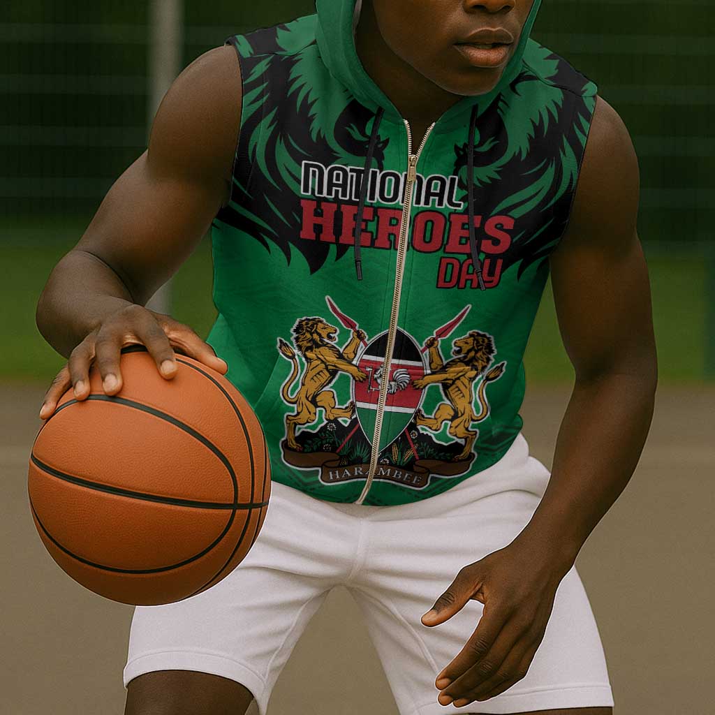 Afro Kenya National Heroes Day Sleeveless Zip Hoodie Mashujaa With Lion Head And Coat Of Arms - African Pride