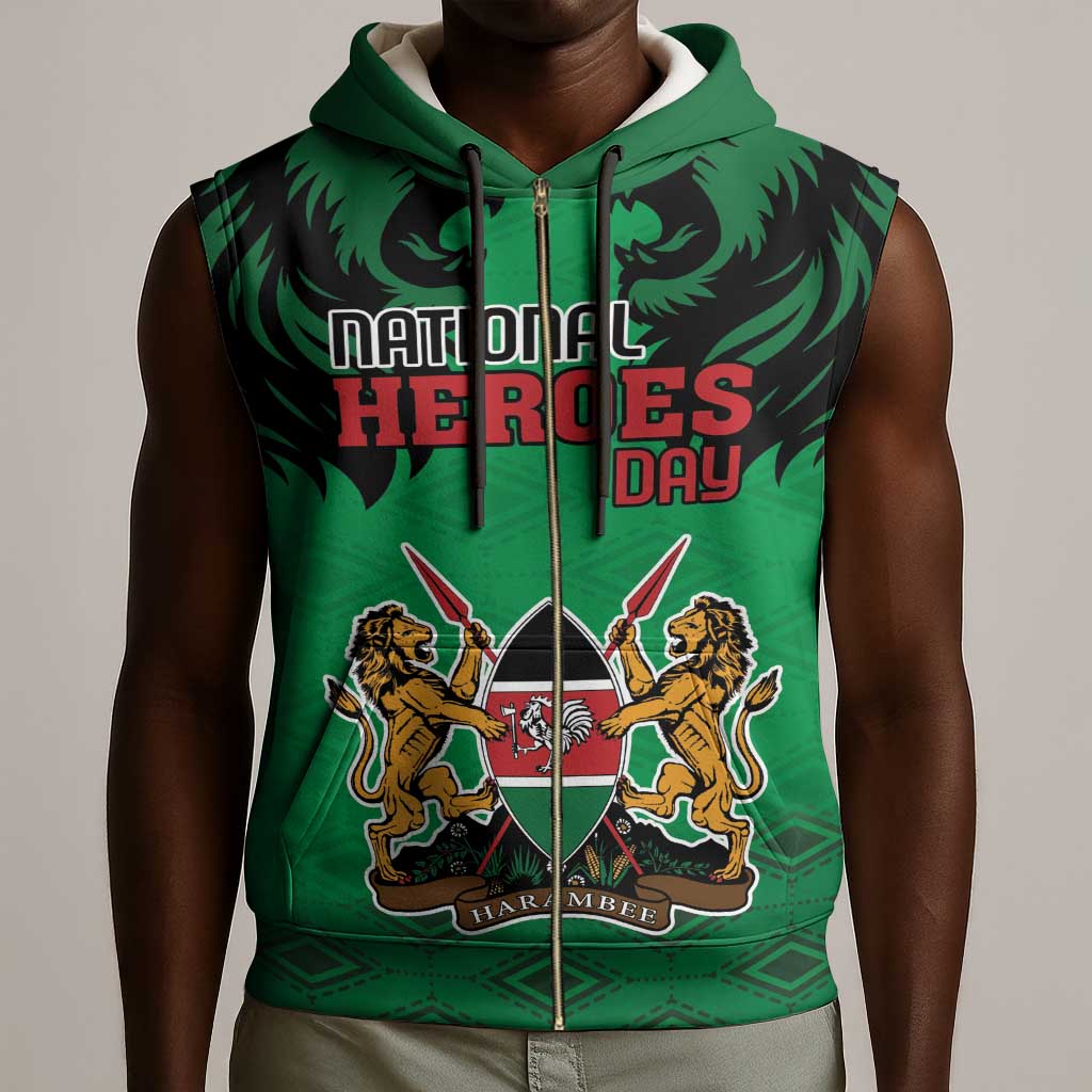 Afro Kenya National Heroes Day Sleeveless Zip Hoodie Mashujaa With Lion Head And Coat Of Arms - African Pride