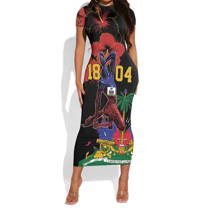 Afro-Haitians Negre Marron Short Sleeve Bodycon Dress Libete Egalite Fratenite LT18