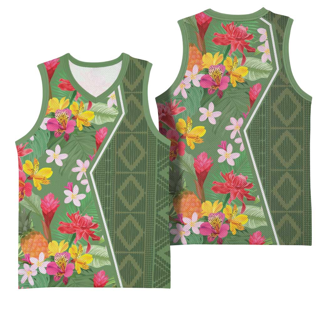 Afro Tropical Flowers Basketball Jersey Green Version - African Pride