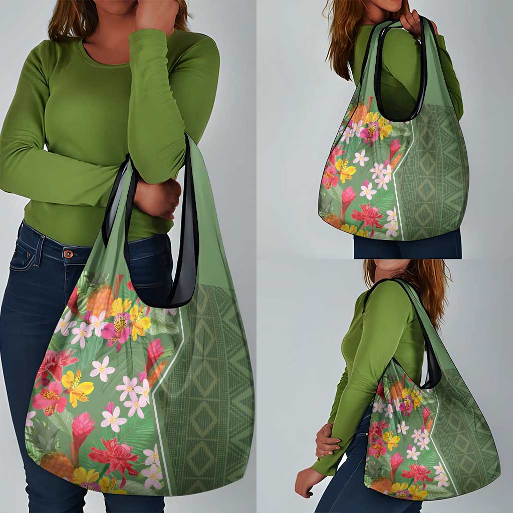 Afro Tropical Flowers Grocery Bag Green Version