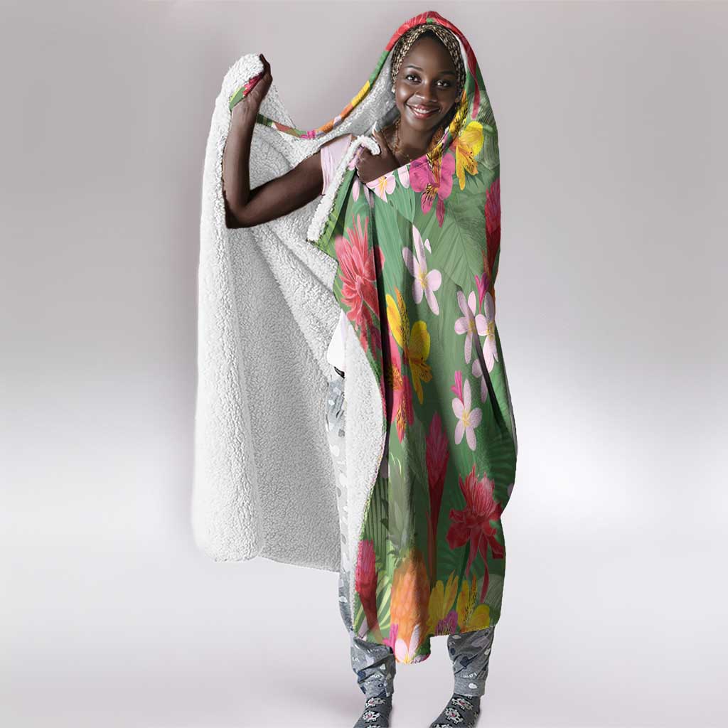 Afro Tropical Flowers Hooded Blanket Green Version