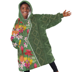 Afro Tropical Flowers KId Wearable Blanket Hoodie Green Version