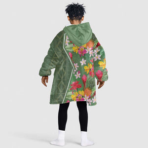 Afro Tropical Flowers KId Wearable Blanket Hoodie Green Version