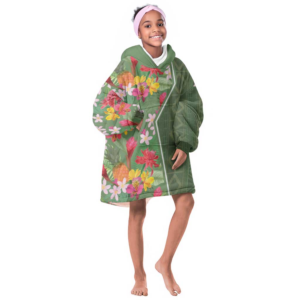 Afro Tropical Flowers KId Wearable Blanket Hoodie Green Version