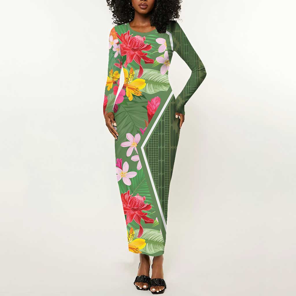 Afro Tropical Flowers Long Sleeve Bodycon Dress Green Version LT18