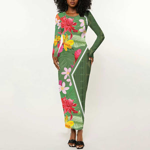 Afro Tropical Flowers Long Sleeve Bodycon Dress Green Version LT18