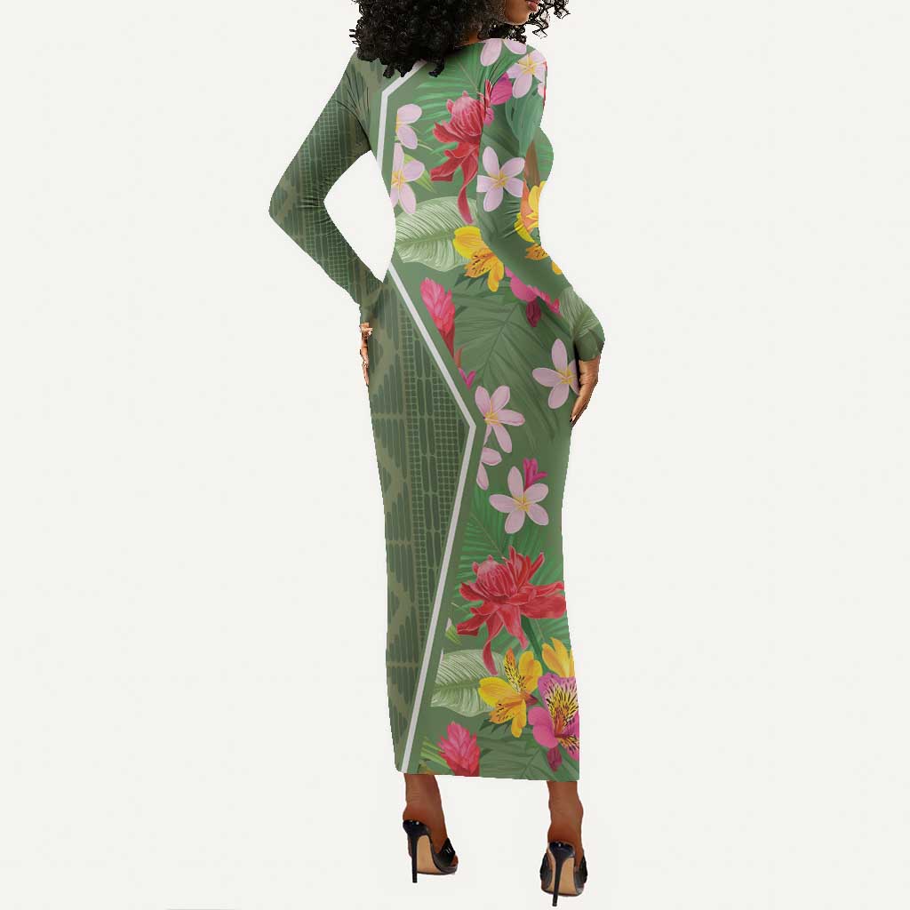 Afro Tropical Flowers Long Sleeve Bodycon Dress Green Version LT18