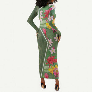 Afro Tropical Flowers Long Sleeve Bodycon Dress Green Version LT18