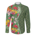 Afro Tropical Flowers Long Sleeve Button Shirt Green Version