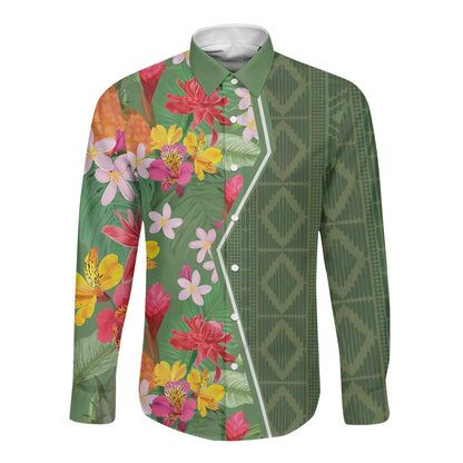 Afro Tropical Flowers Long Sleeve Button Shirt Green Version